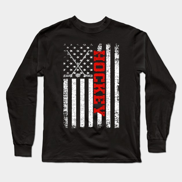 Hockey American Flag Patriotic Gift Long Sleeve T-Shirt by DragonTees